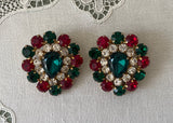 Vintage Large Sparkling Red Green White Rhinestone Clip Earrings