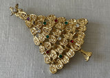 Vintage Gold Tone Christmas Tree with Rhinestone Ornaments Pin