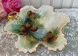 Vintage Hand Painted Evergreen Pinecone Christmas Dish