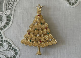 Vintage Gold Tone Christmas Tree with Rhinestone Ornaments Pin