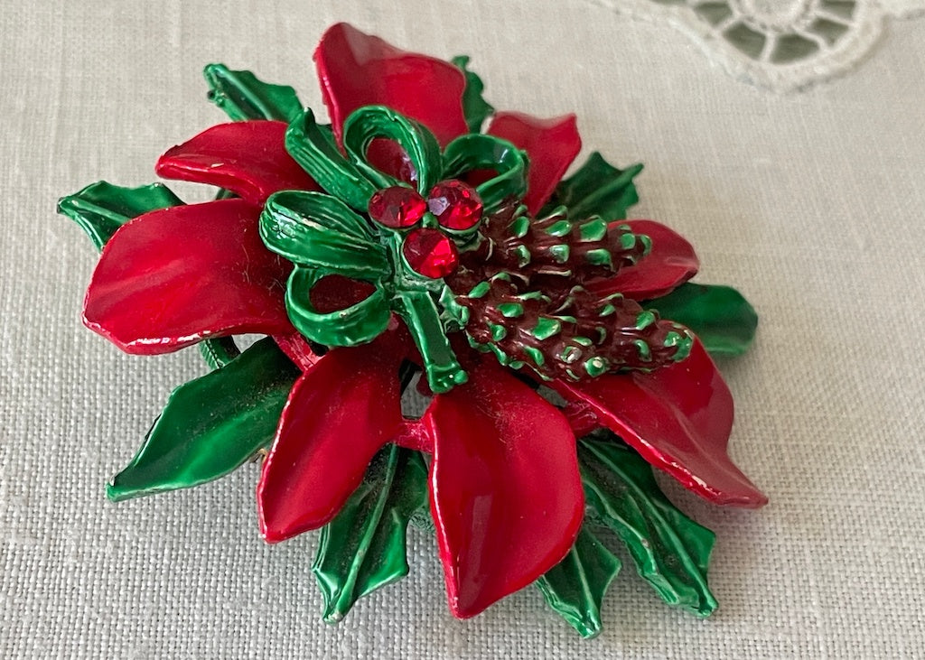 Vintage Style Red Poinsettia Flower Brooch With Rhinestones – Enamel Christmas Pin