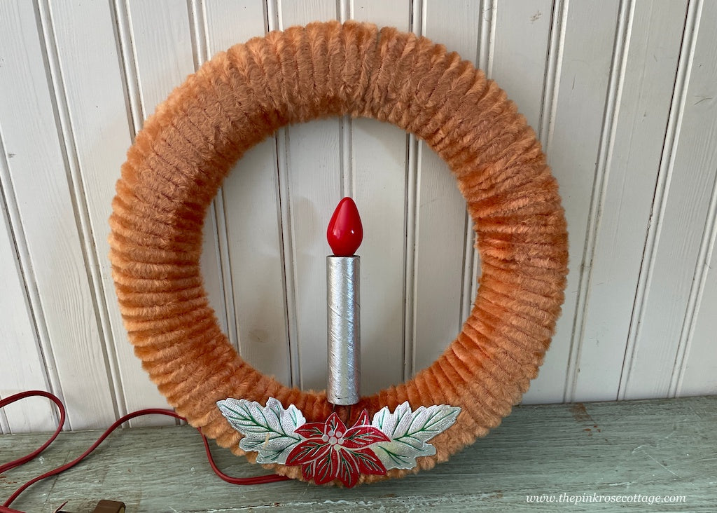 Vintage Peerless Chenille Christmas Wreath with Lighted Candle