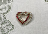 Vintage Intertwined Double Heart Red White Rhinestones Valentine Pin
