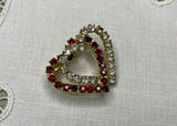 Vintage Intertwined Double Heart Red White Rhinestones Valentine Pin
