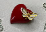 Vintage Valentine's Day Red Heart and Butterfly Enameled Pin Brooch