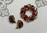Vintage Weiss Ruby Red Rhinestone Circle Wreath Pin and Earrings Set
