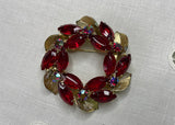 Vintage Weiss Ruby Red Rhinestone Circle Wreath Pin and Earrings Set
