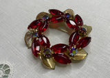 Vintage Weiss Ruby Red Rhinestone Circle Wreath Pin and Earrings Set