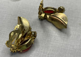 Vintage Weiss Ruby Red Rhinestone Circle Wreath Pin and Earrings Set
