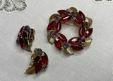 Vintage Weiss Ruby Red Rhinestone Circle Wreath Pin and Earrings Set