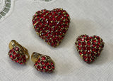 Vintage Valentines Red Pave Rhinestone Scatter Pin Hearts and Earrings