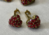 Vintage Valentines Red Pave Rhinestone Scatter Pin Hearts and Earrings
