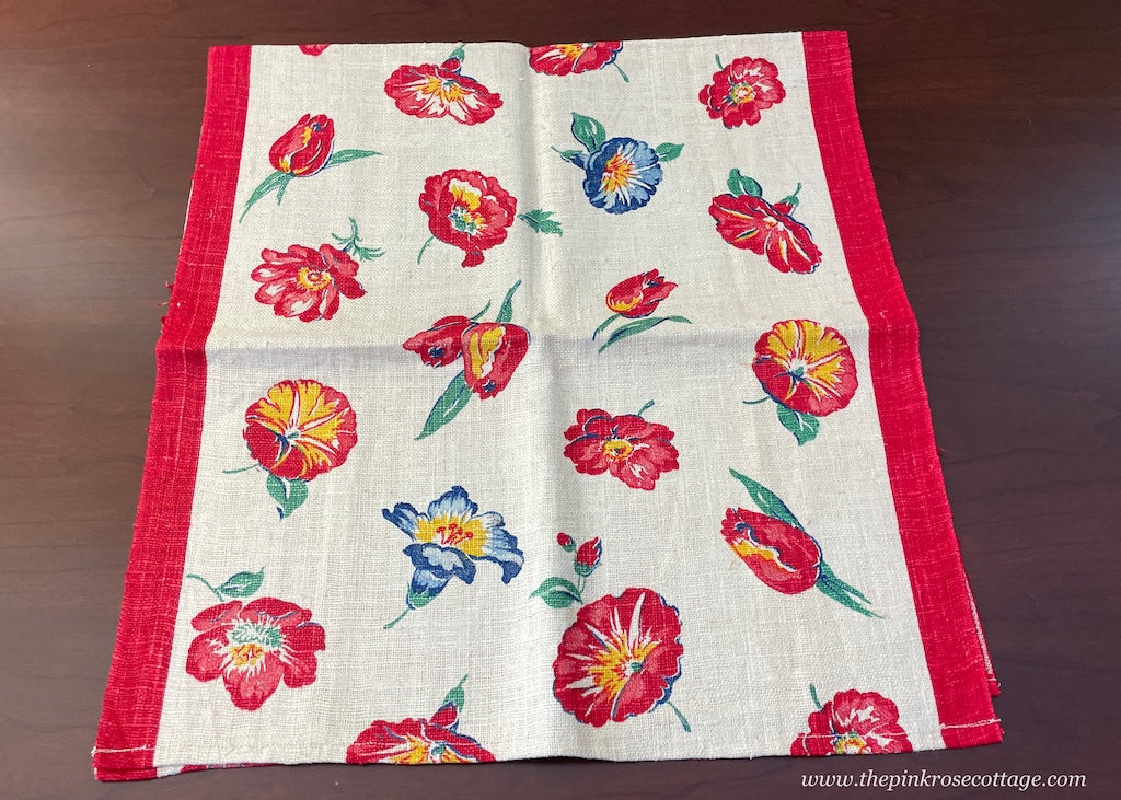 Vintage Linen Tea Kitchen Towel Red Spring Flowers