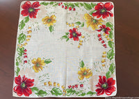 Red and Yellow Floral Anemone and Bleeding Hearts Vintage Handkerchief