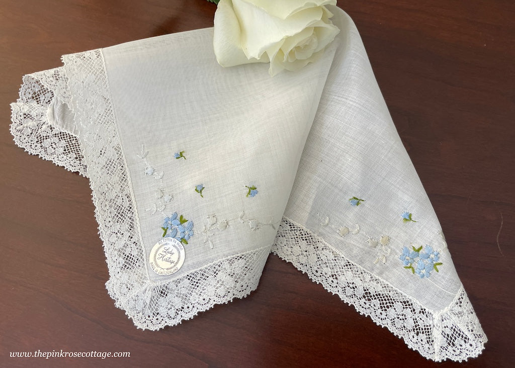 Vintage Bridal Lady Heritage Blue Daisy Lace Handkerchief