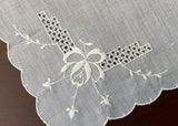 Vintage White Rose Embroidered Cutwork Handkerchief