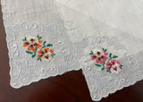 Pair of Vintage Embroidered Petite Point Pink and Orange Rose Handkerchiefs