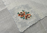 Pair of Vintage Embroidered Petite Point Pink and Orange Rose Handkerchiefs