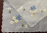 Vintage White Daisy and Blue Bow Embroidered Handkerchief with Tag