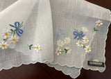 Vintage White Daisy and Blue Bow Embroidered Handkerchief with Tag