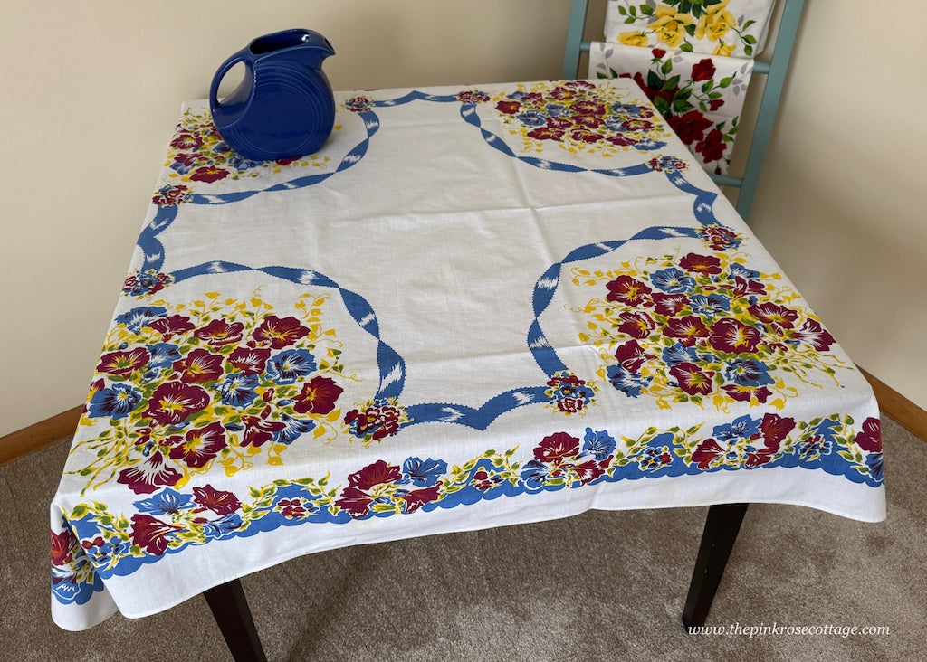 Vintage 1940's Petunias and Ribbons Tablecloth