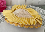 Vintage Handmade Satin Ribbon Crocheted Yellow Heart Pillow