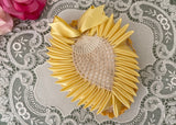 Vintage Handmade Satin Ribbon Crocheted Yellow Heart Pillow