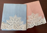 Pair of Unused Vintage Linen and Lace Guest Hand Towels Peach and Blue