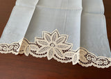 Pair of Unused Vintage Linen and Lace Guest Hand Towels Peach and Blue
