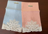 Pair of Unused Vintage Linen and Lace Guest Hand Towels Peach and Blue