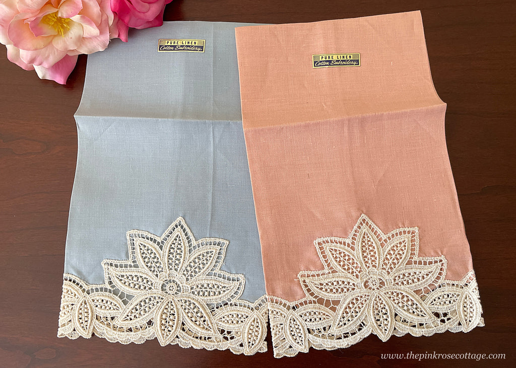 Pair of Unused Vintage Linen and Lace Guest Hand Towels Peach and Blue