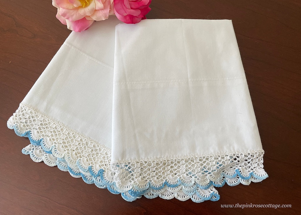 Unused Vintage Pillowcases with Hand Crocheted White and Blue Lace