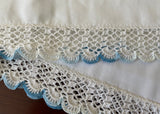 Unused Vintage Pillowcases with Hand Crocheted White and Blue Lace