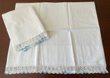 Unused Vintage Pillowcases with Hand Crocheted White and Blue Lace
