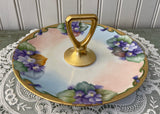 Vintage Hand Painted Violets Handled Tidbit Sweets Serving Dish