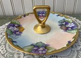 Vintage Hand Painted Violets Handled Tidbit Sweets Serving Dish
