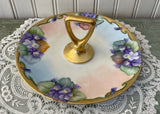 Vintage Hand Painted Violets Handled Tidbit Sweets Serving Dish