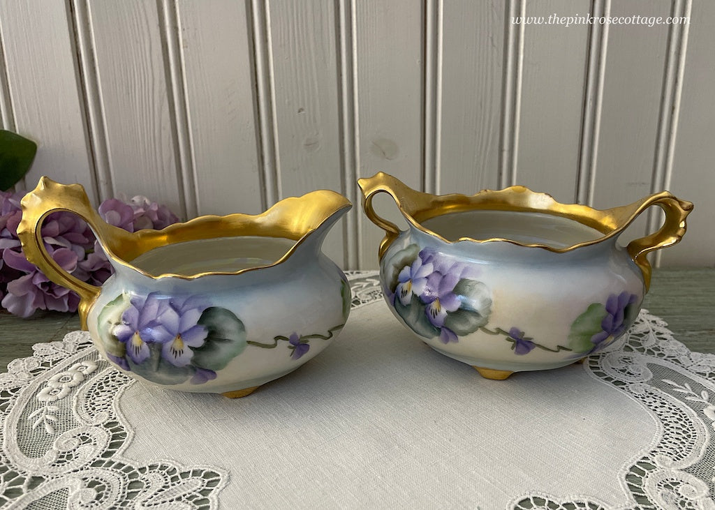 Vintage Hand Painted Purple Cottage Violets Sugar and Creamer Set