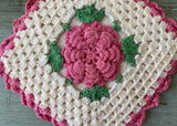 Two Vintage Crocheted Pot Holders White and Pink Irish Rose