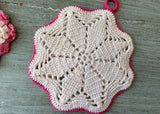 Two Vintage Crocheted Pot Holders White and Pink Irish Rose