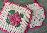 Two Vintage Crocheted Pot Holders White and Pink Irish Rose