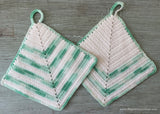 Pair of Vintage Hand Crocheted Green and White Pot Holders