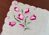 Vintage Green Handkerchief with Embroidered Pink and Purple Tulips