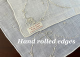 Tagged Vintage Madeira Linen White Wild Rose and Bow Embroidered Handkerchief