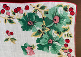 Vintage Cherry Blossoms and Red Pink Cherries Linen Handkerchief