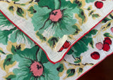 Vintage Cherry Blossoms and Red Pink Cherries Linen Handkerchief