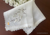 Vintage Embroidered White Rose Bridal Wedding Handkerchief with Gold