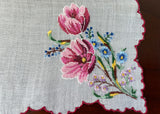 Vintage Embroidered Petite Point Pink Tulips and Little Blue Flowers Handkerchief