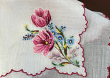 Vintage Embroidered Petite Point Pink Tulips and Little Blue Flowers Handkerchief