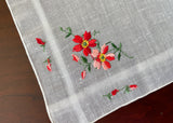 Vintage Red Pink Dogwood Floral Embroidered Handkerchief